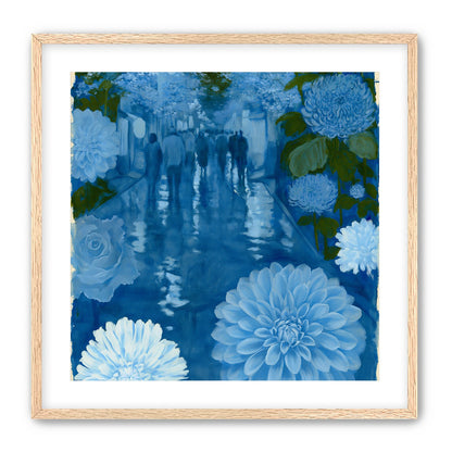 Blue street with flowers