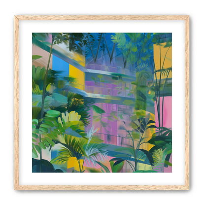 Blue roof over pink atrium