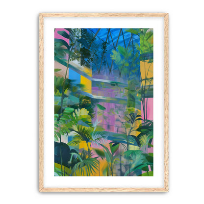 Blue roof over pink atrium