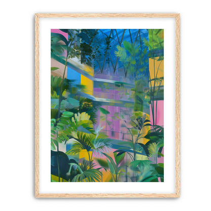 Blue roof over pink atrium