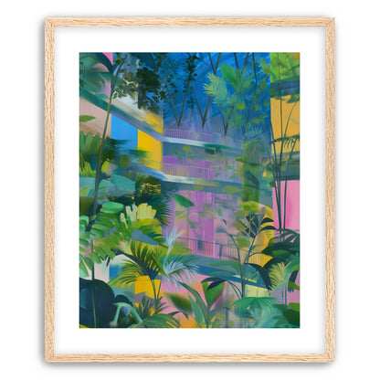 Blue roof over pink atrium