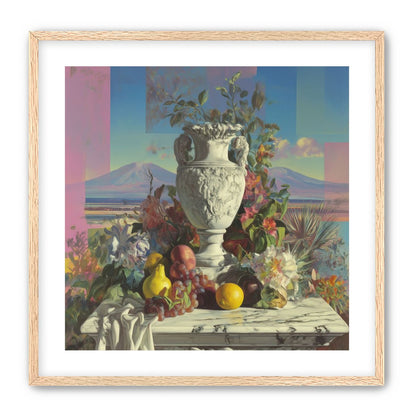Urn and fruit before mountains