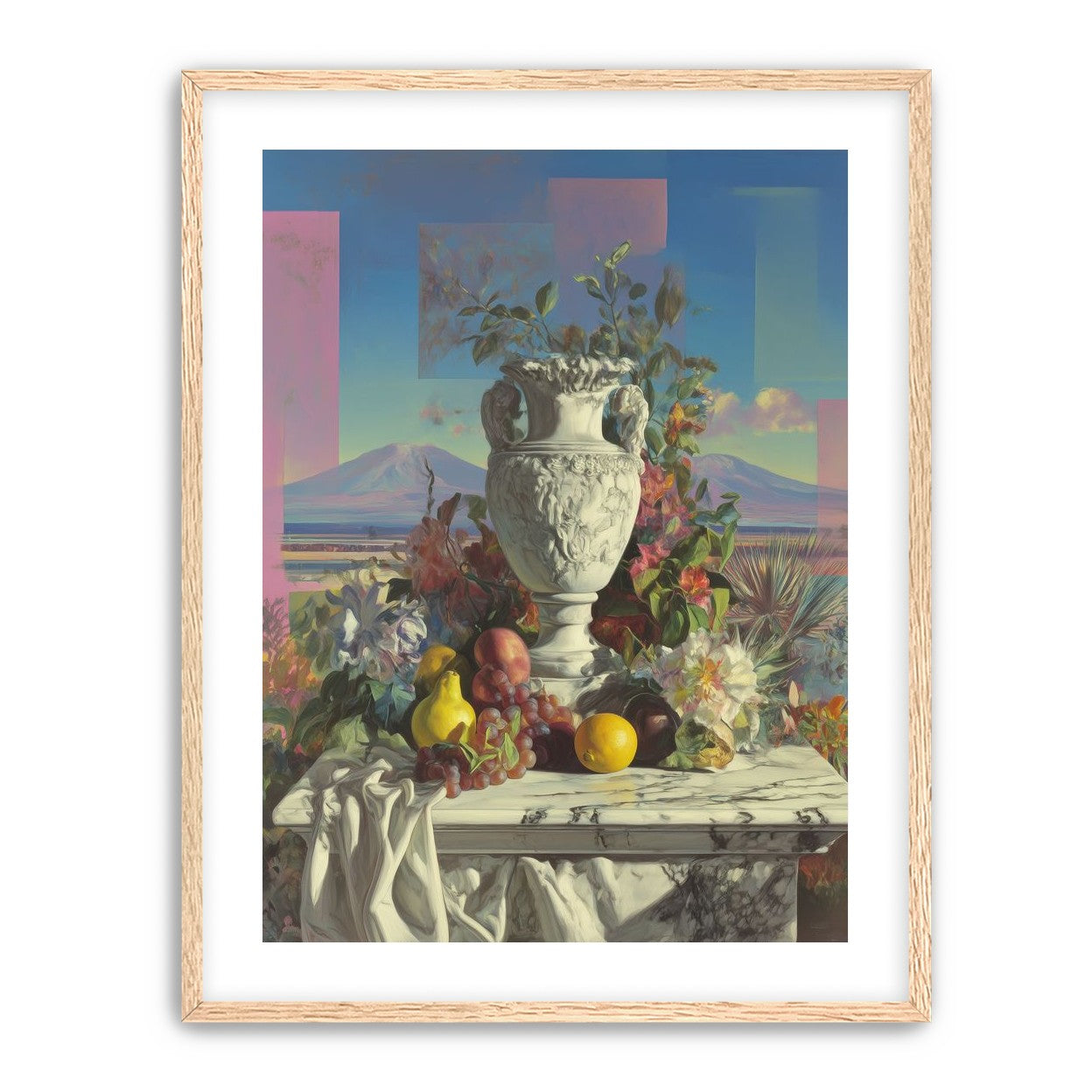Urn and fruit before mountains
