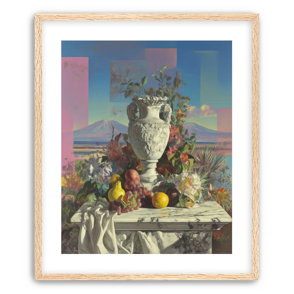 Urn and fruit before mountains