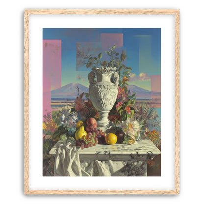 Urn and fruit before mountains