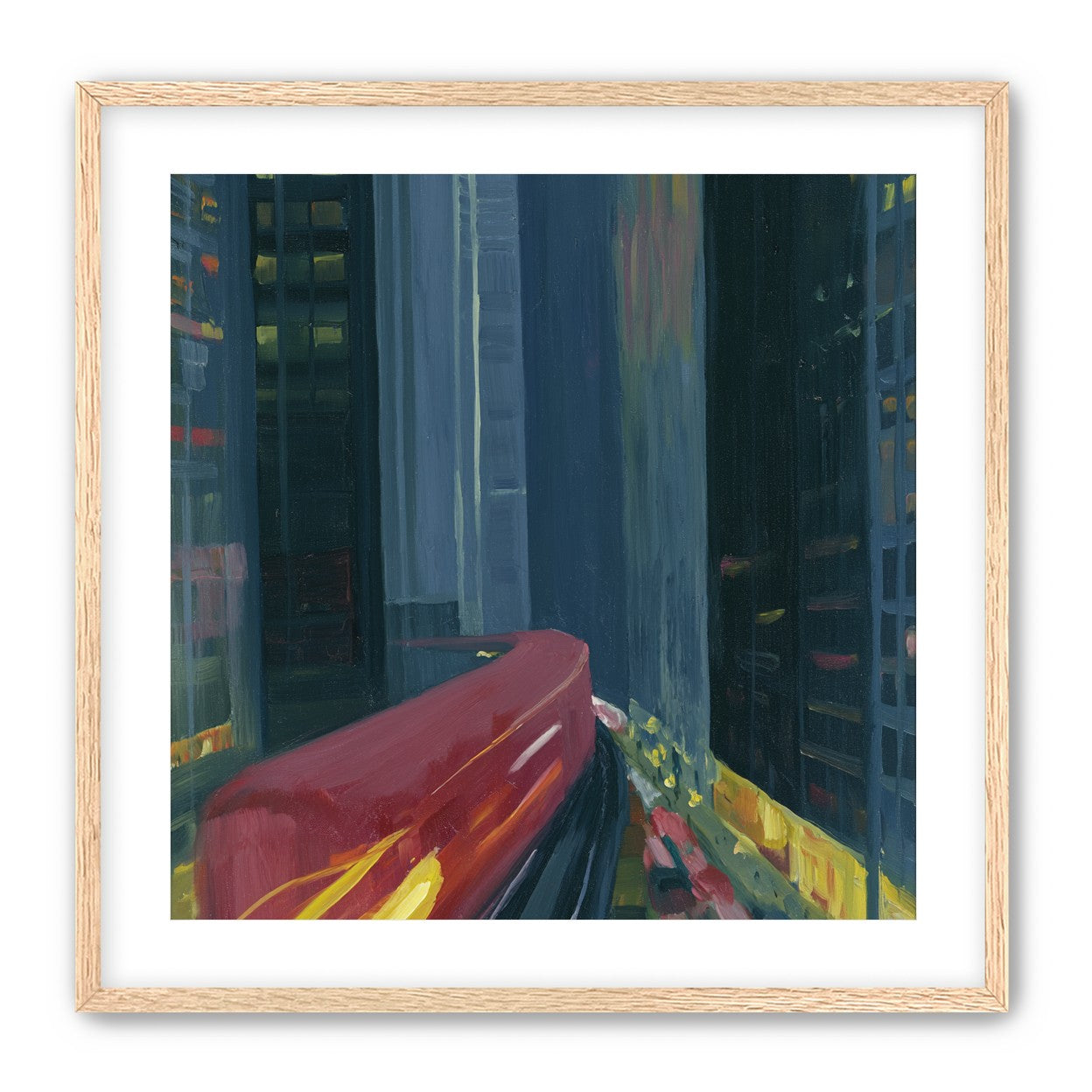 Red train in blue towers
