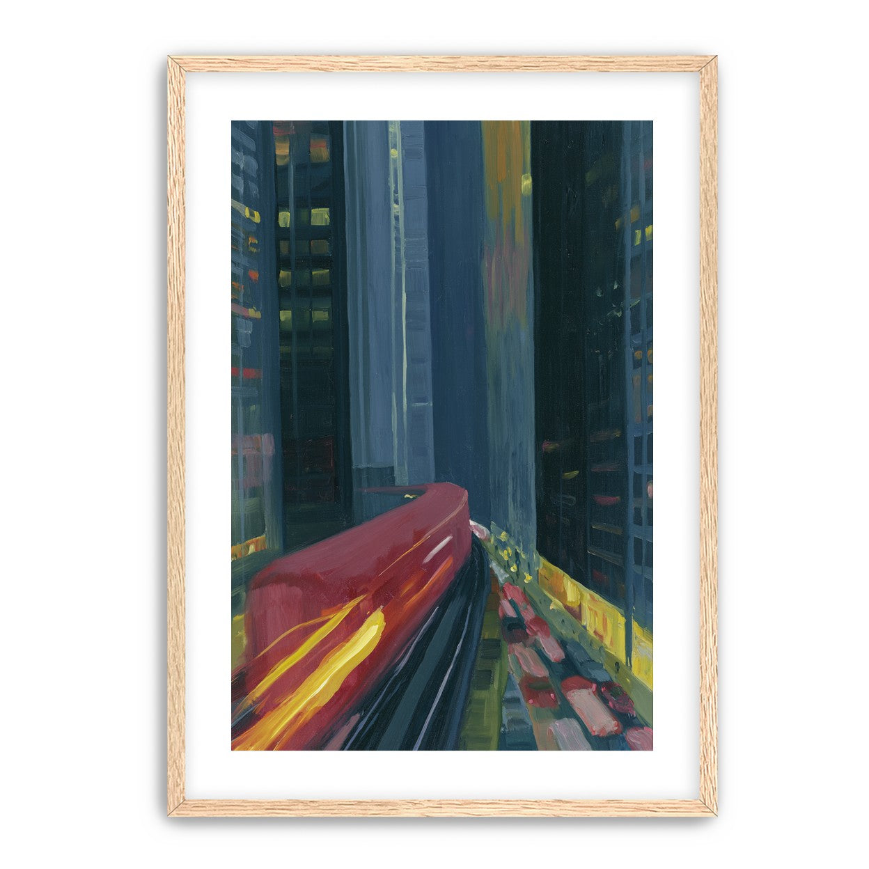 Red train in blue towers