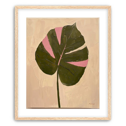Pink banded leaf on plastered white