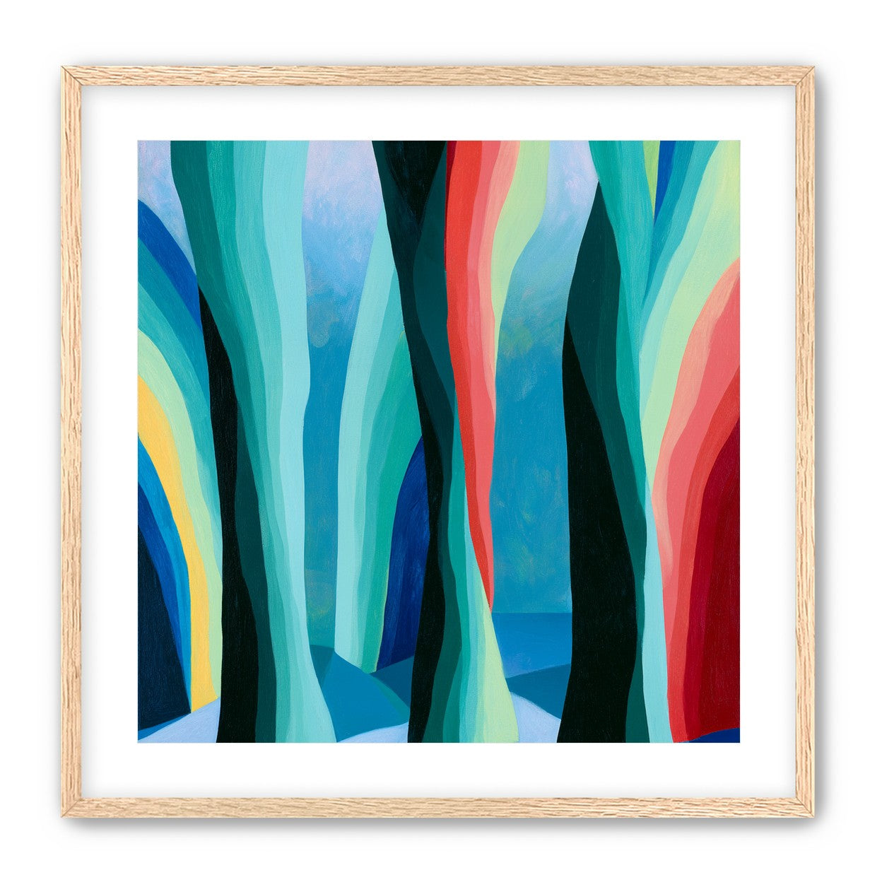 Between red trunks and blue shadows