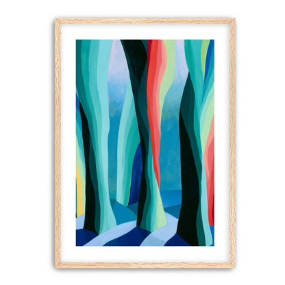 Between red trunks and blue shadows