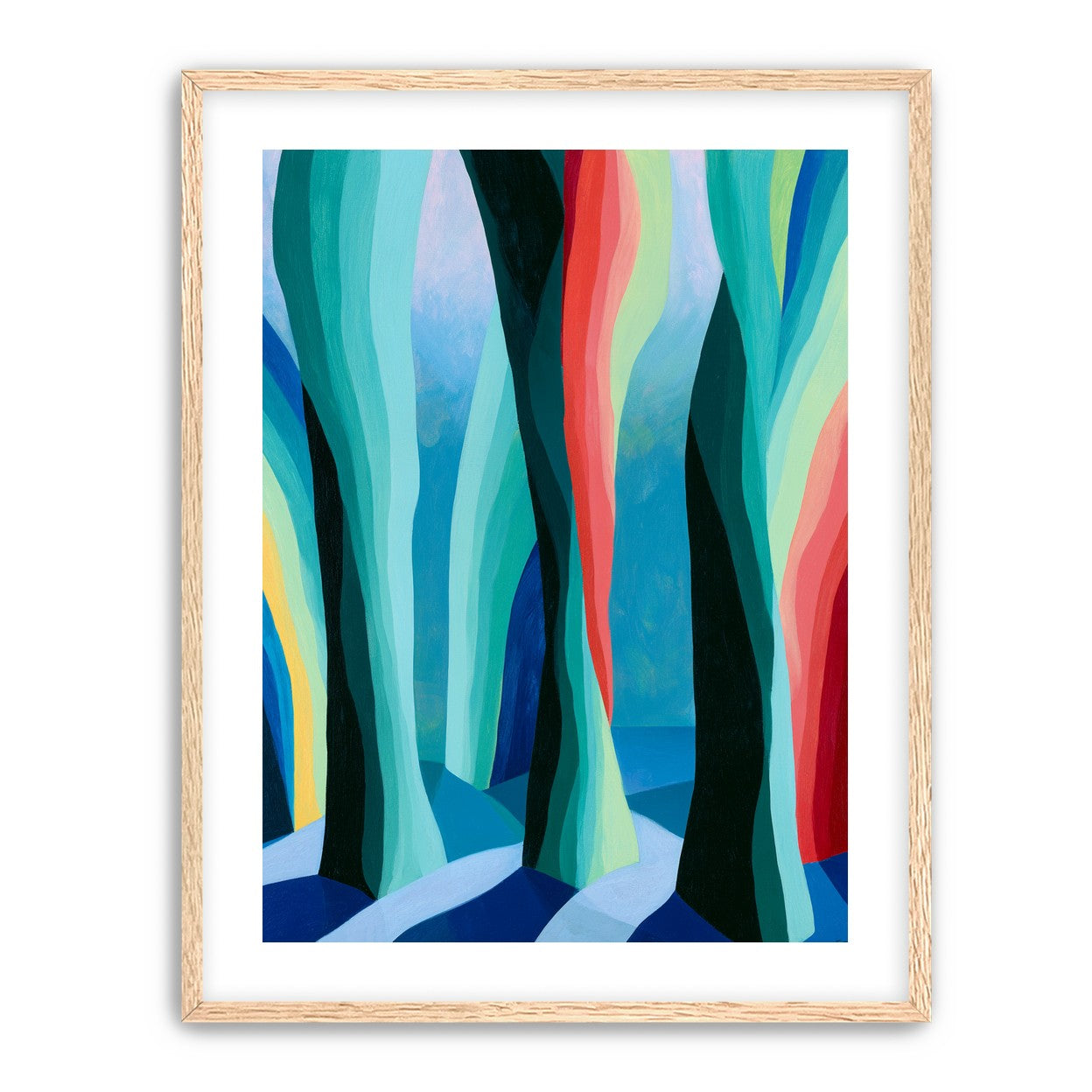 Between red trunks and blue shadows