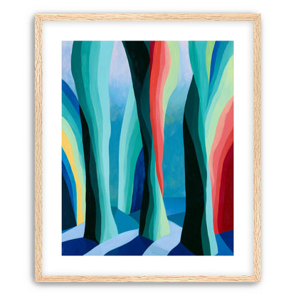 Between red trunks and blue shadows