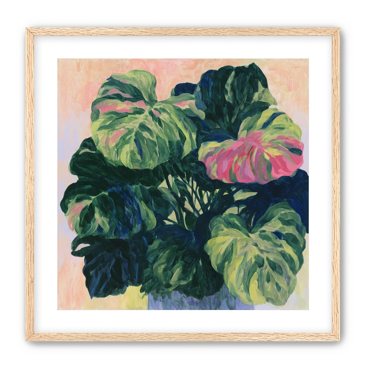 Pink light on green leaves