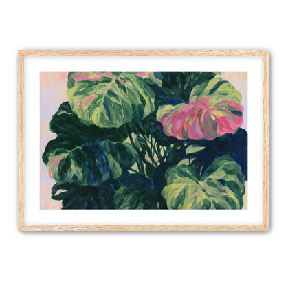 Pink light on green leaves