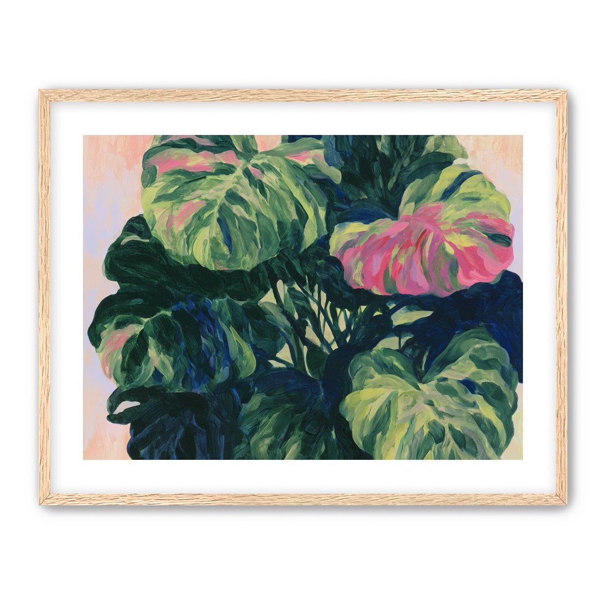 Pink light on green leaves