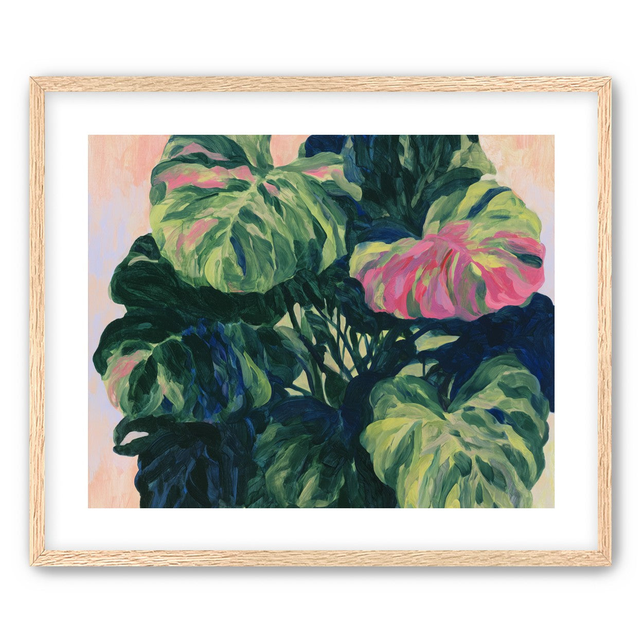 Pink light on green leaves