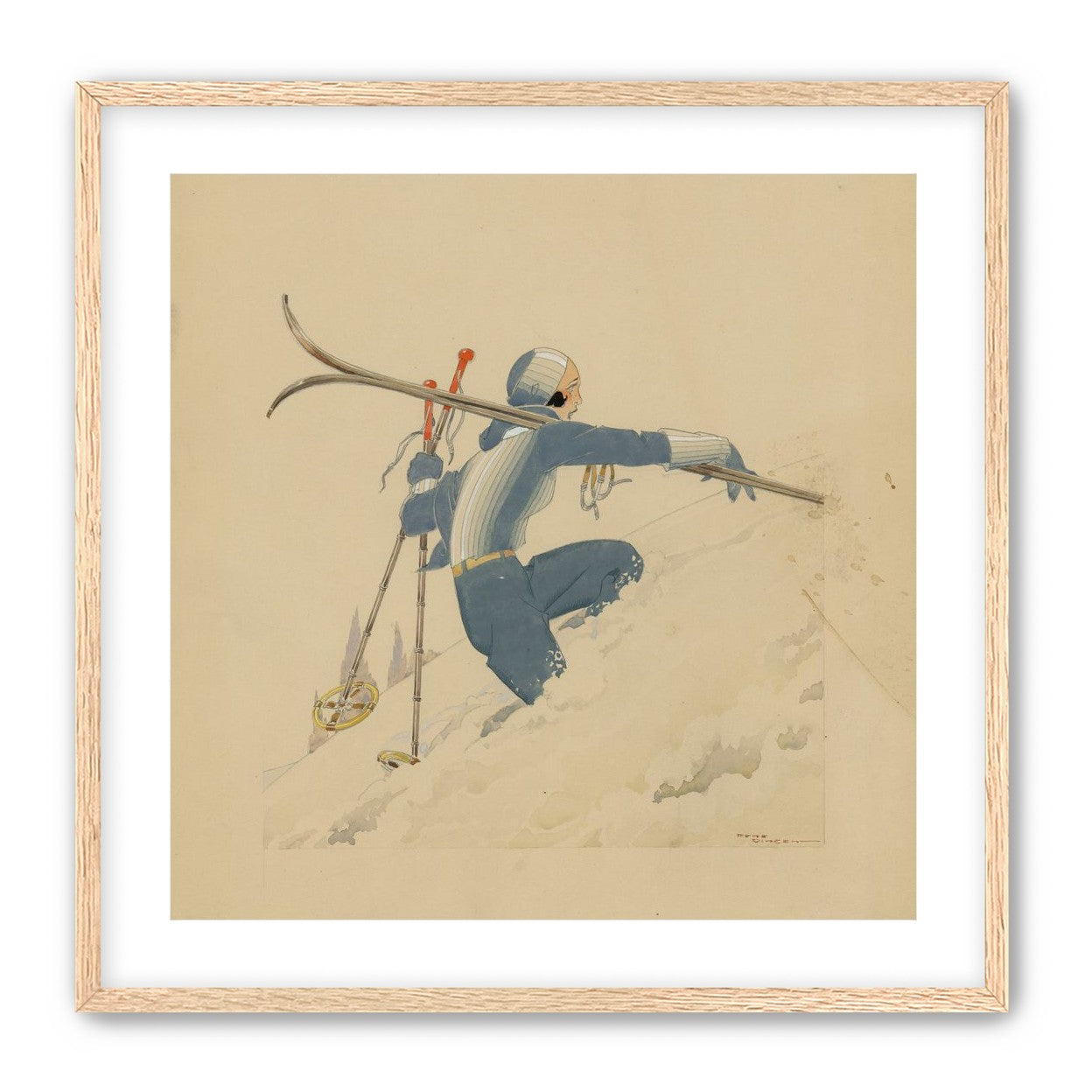 Blue skier in pale snow