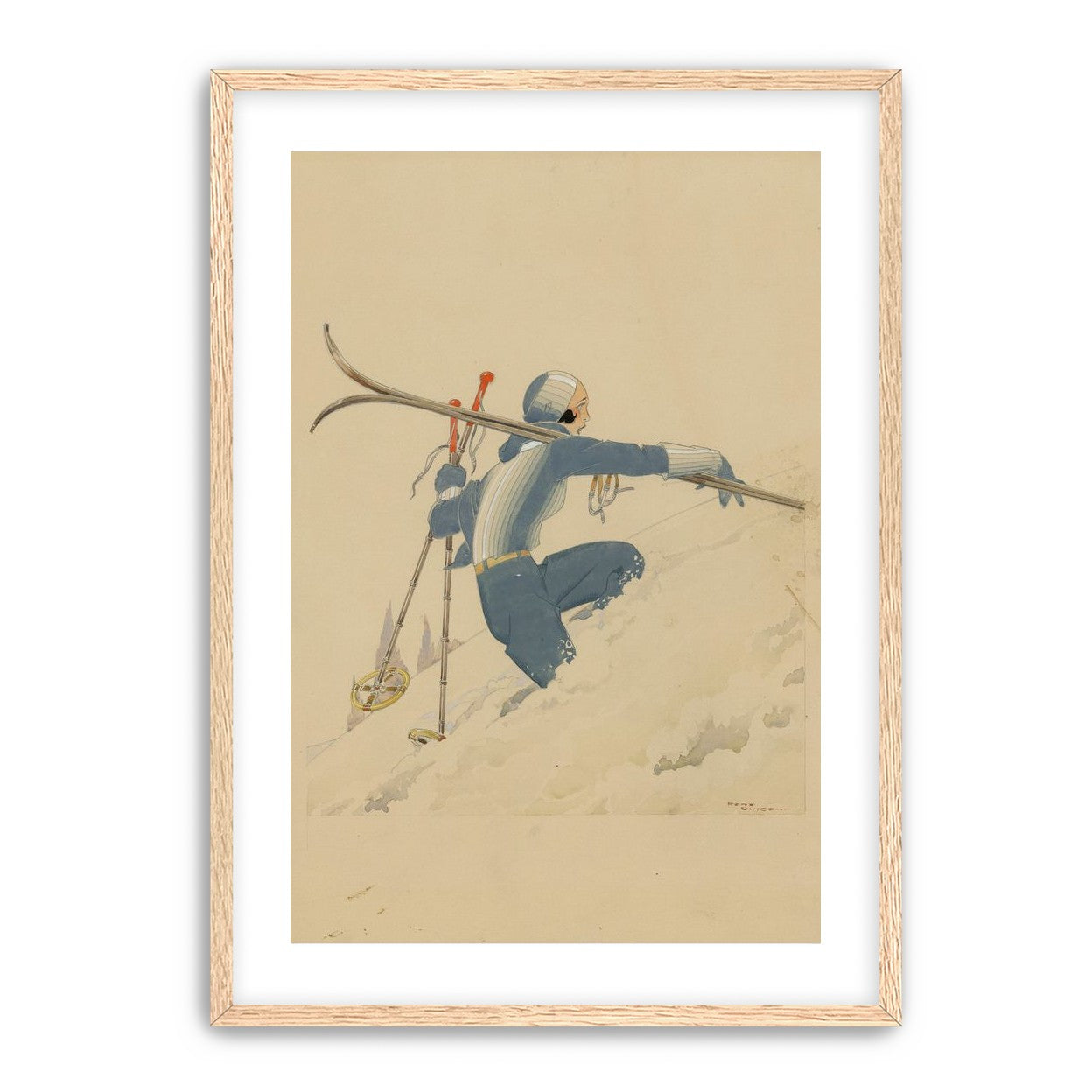 Blue skier in pale snow