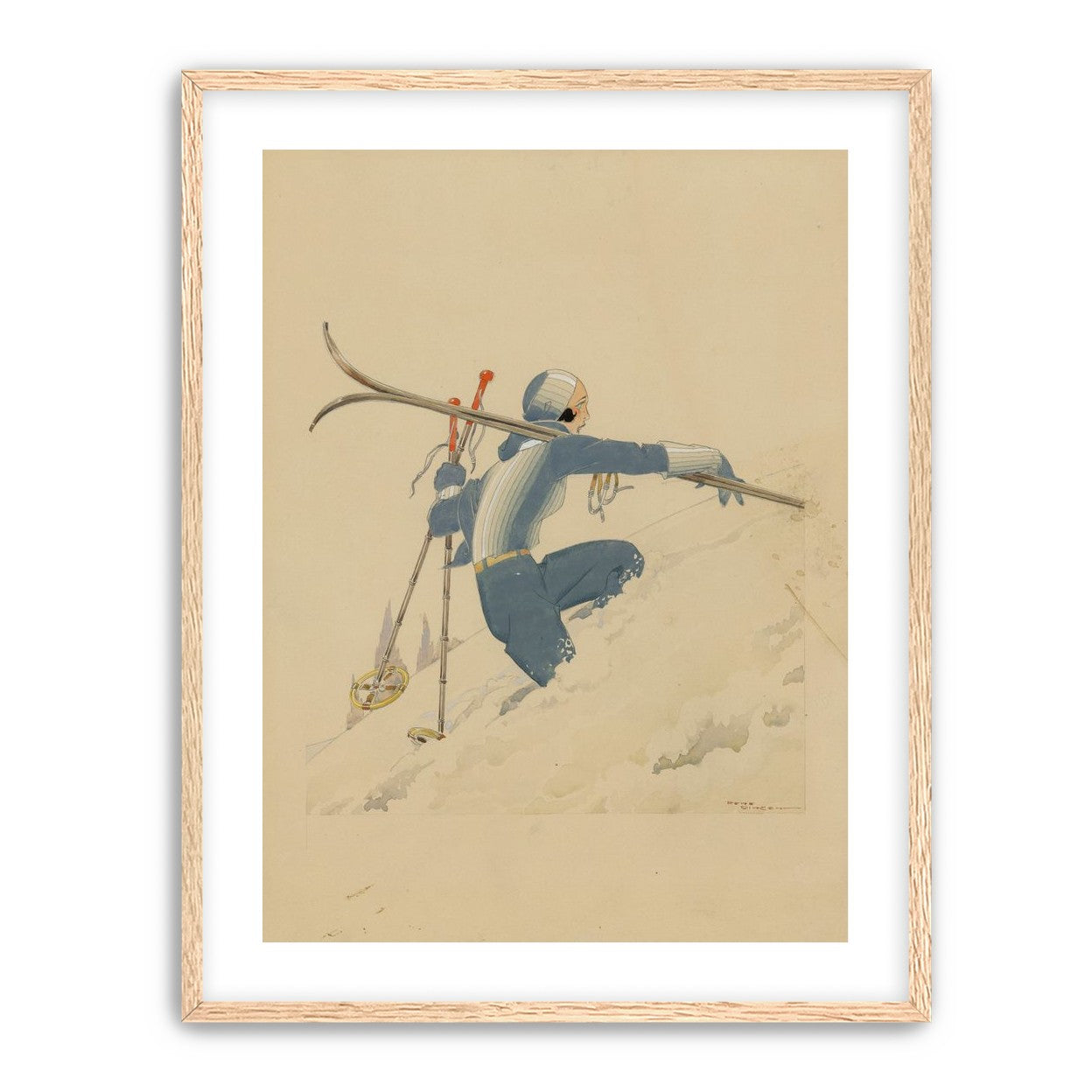 Blue skier in pale snow