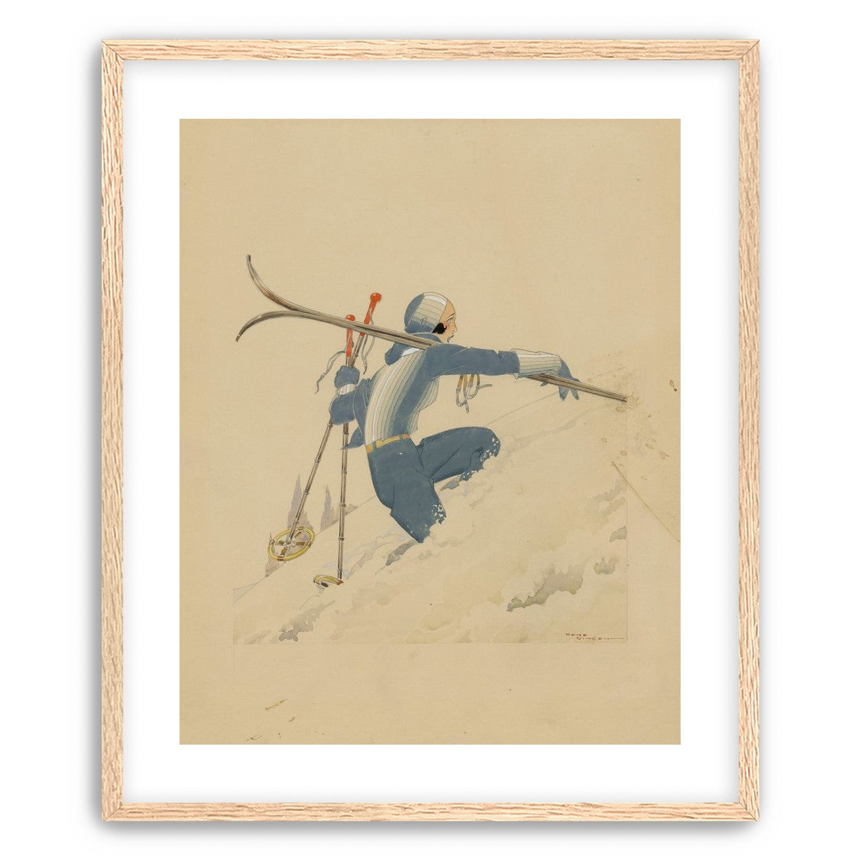 Blue skier in pale snow