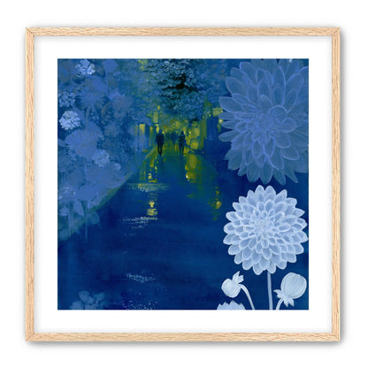 Two walkers under giant flowers