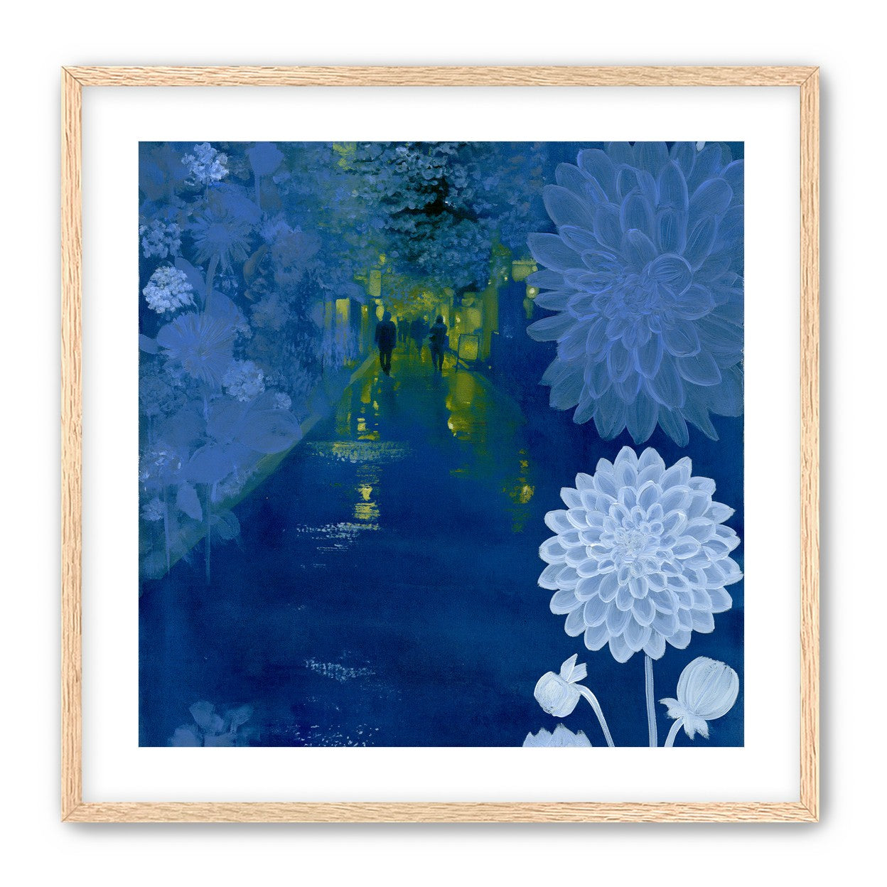 Two walkers under giant flowers