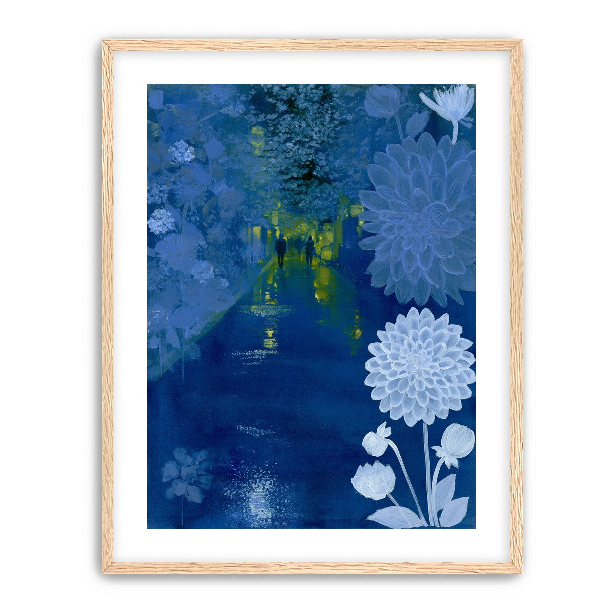 Two walkers under giant flowers