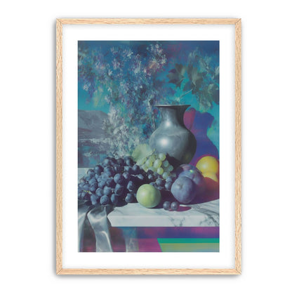 Vase and fruit in blue haze