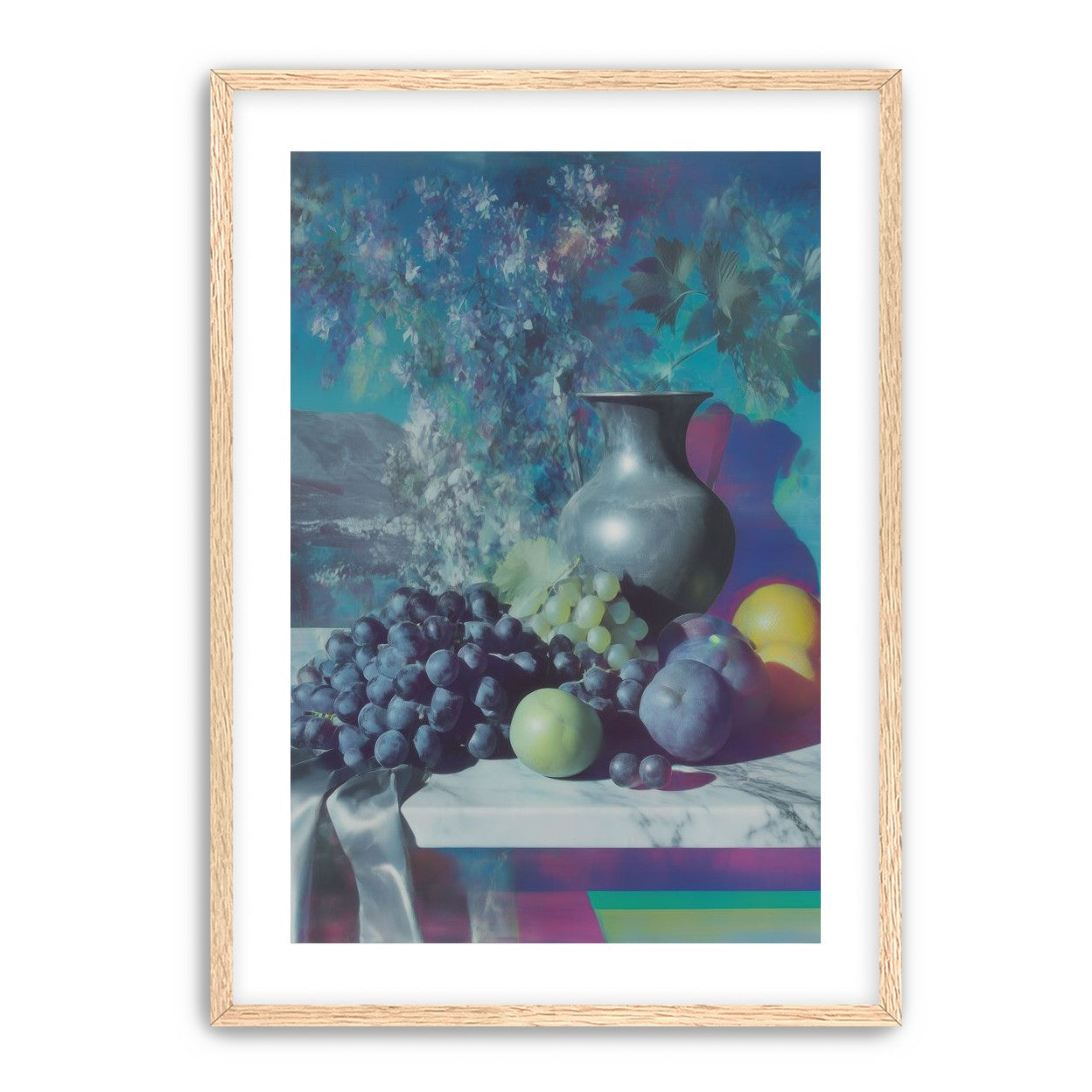Vase and fruit in blue haze