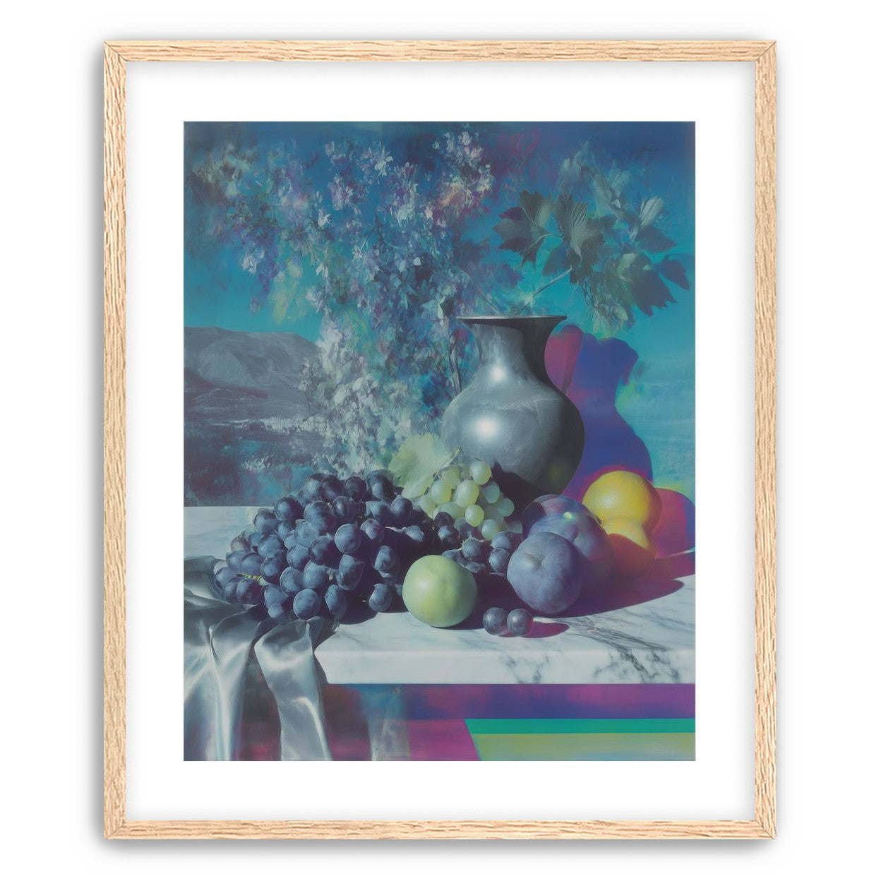 Vase and fruit in blue haze