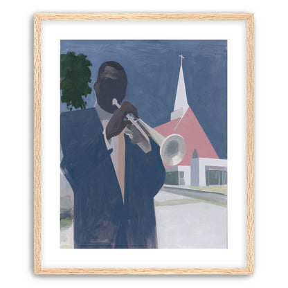 Blue sky over pink church
