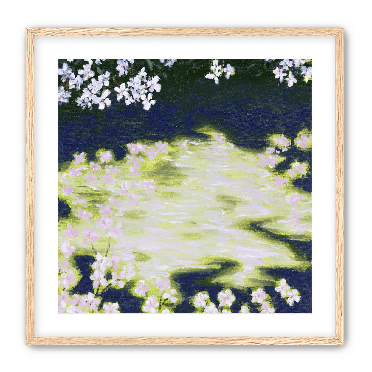 Petals crossing the bright water