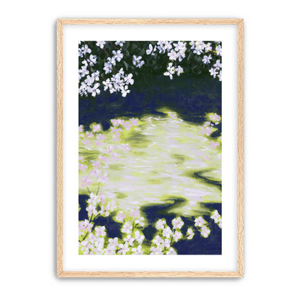Petals crossing the bright water