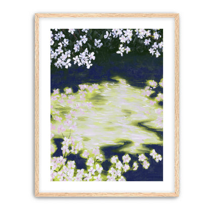 Petals crossing the bright water