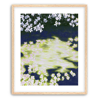 Petals crossing the bright water