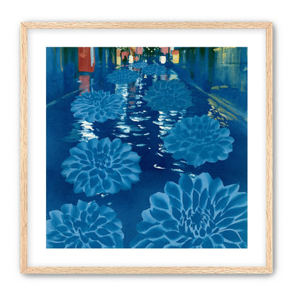 Neon spills into blue floodwater