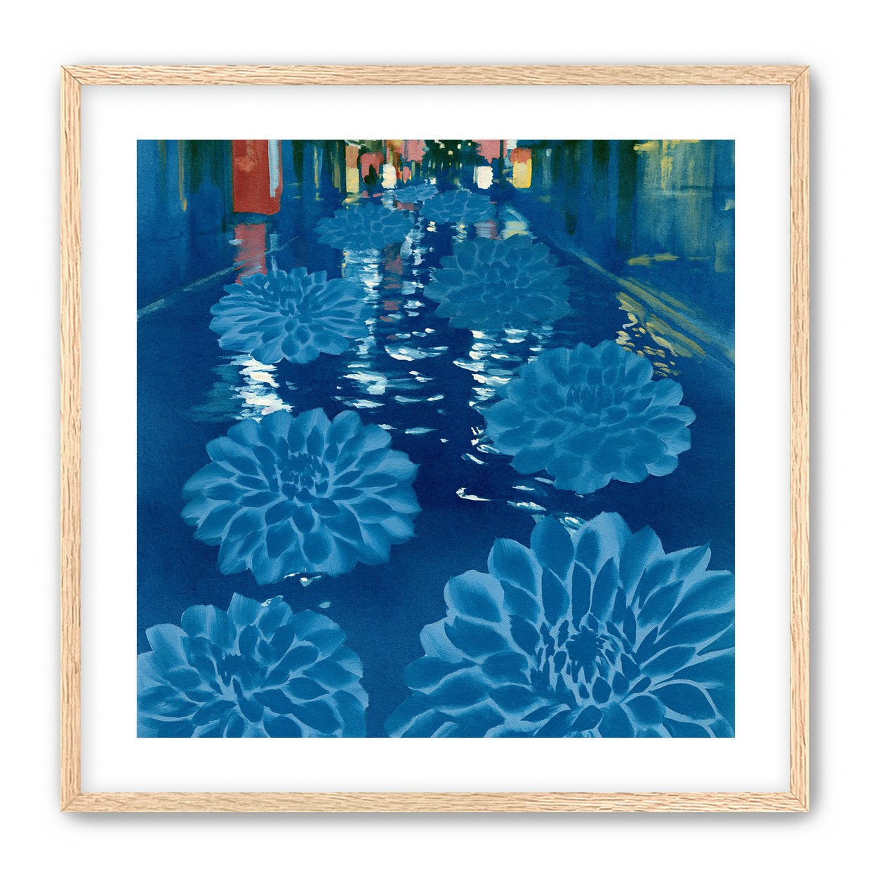 Neon spills into blue floodwater