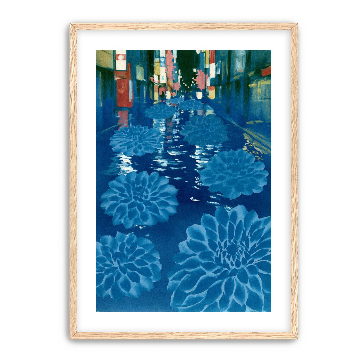 Neon spills into blue floodwater