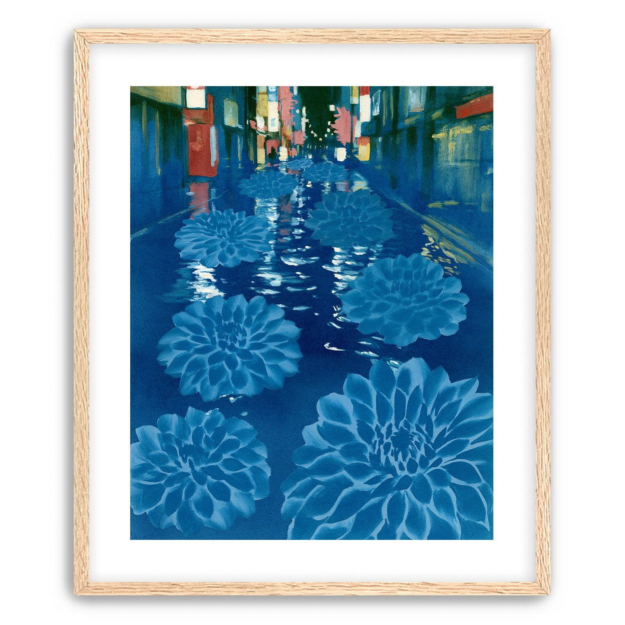 Neon spills into blue floodwater