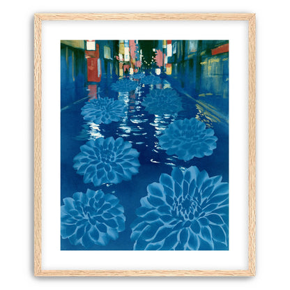 Neon spills into blue floodwater