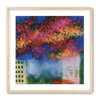 Trees above blurred windows
