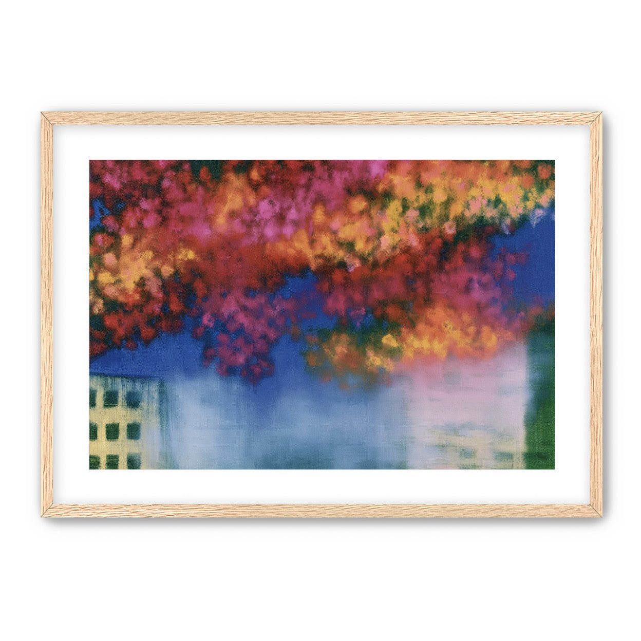 Trees above blurred windows