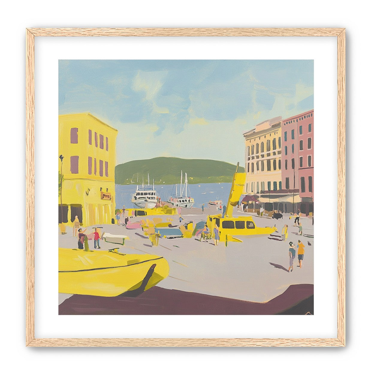 Yellow boats among pastel buildings
