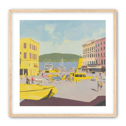 Yellow boats among pastel buildings