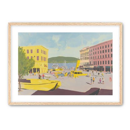 Yellow boats among pastel buildings