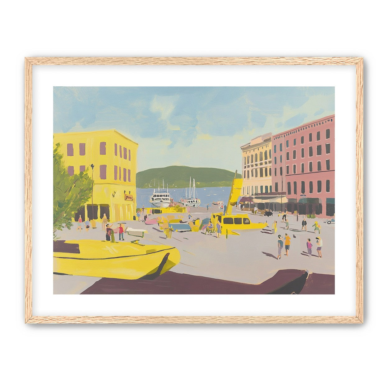 Yellow boats among pastel buildings