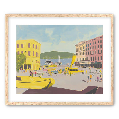 Yellow boats among pastel buildings