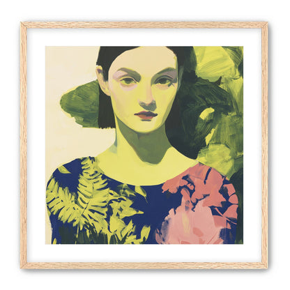 Green leaves behind her portrait