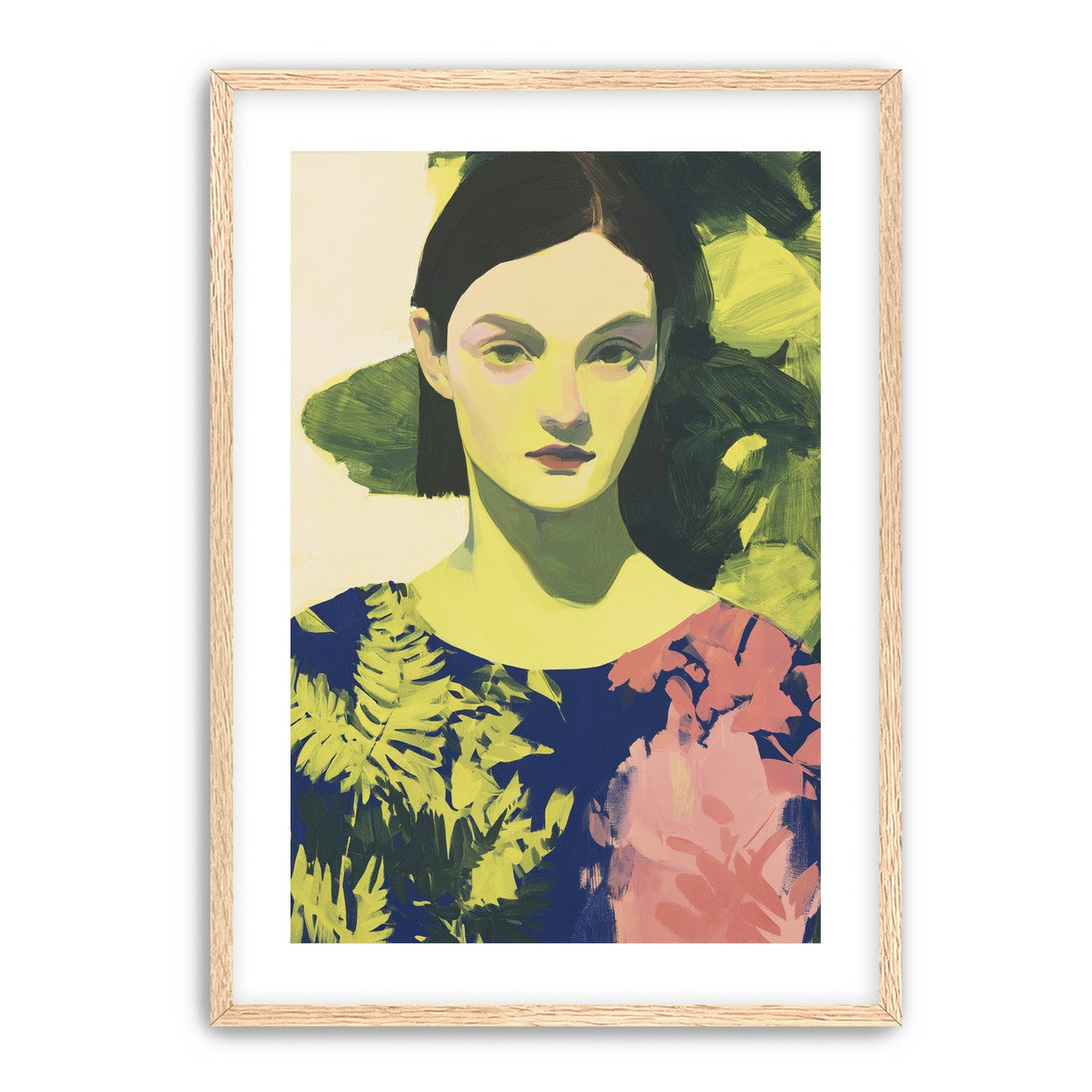 Green leaves behind her portrait