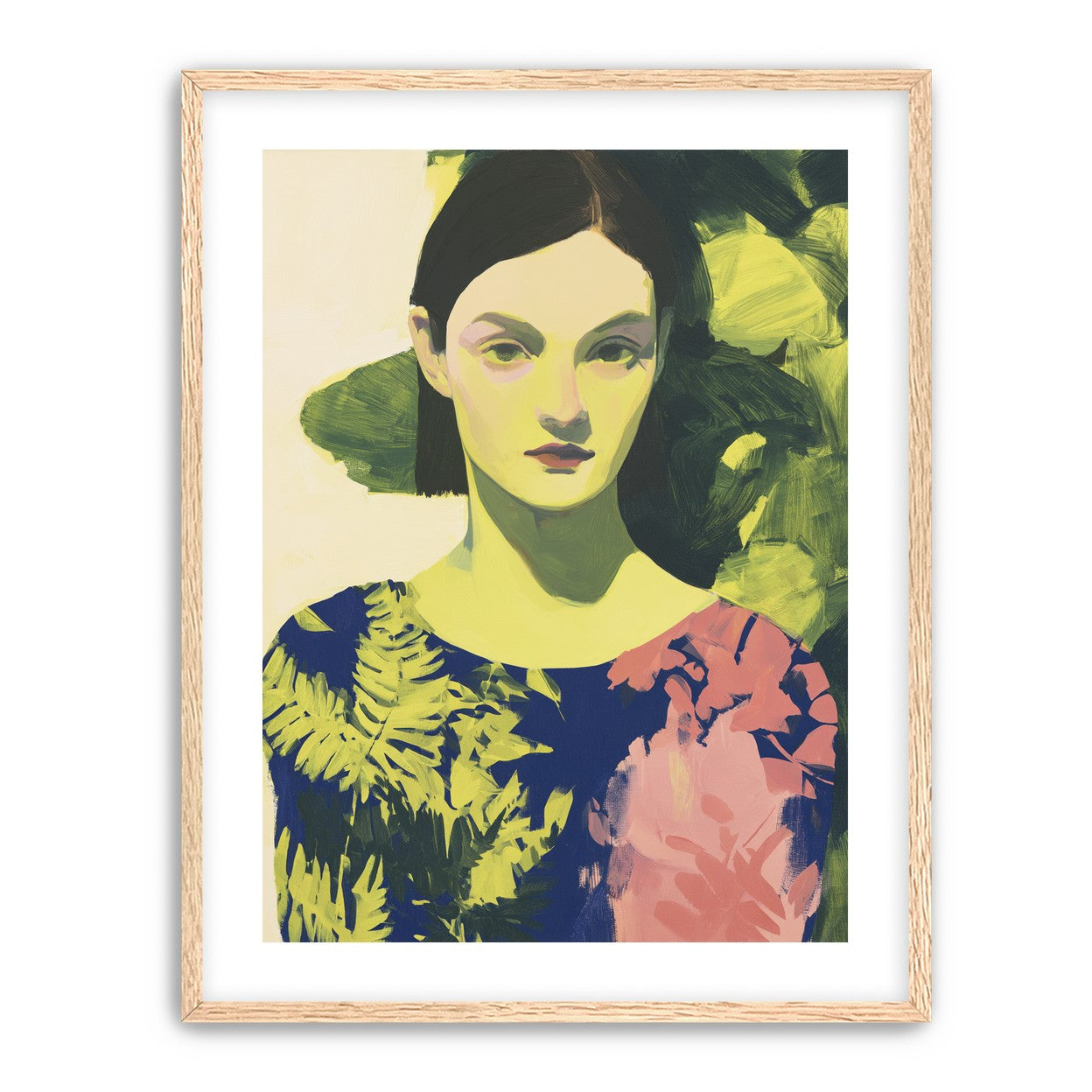 Green leaves behind her portrait